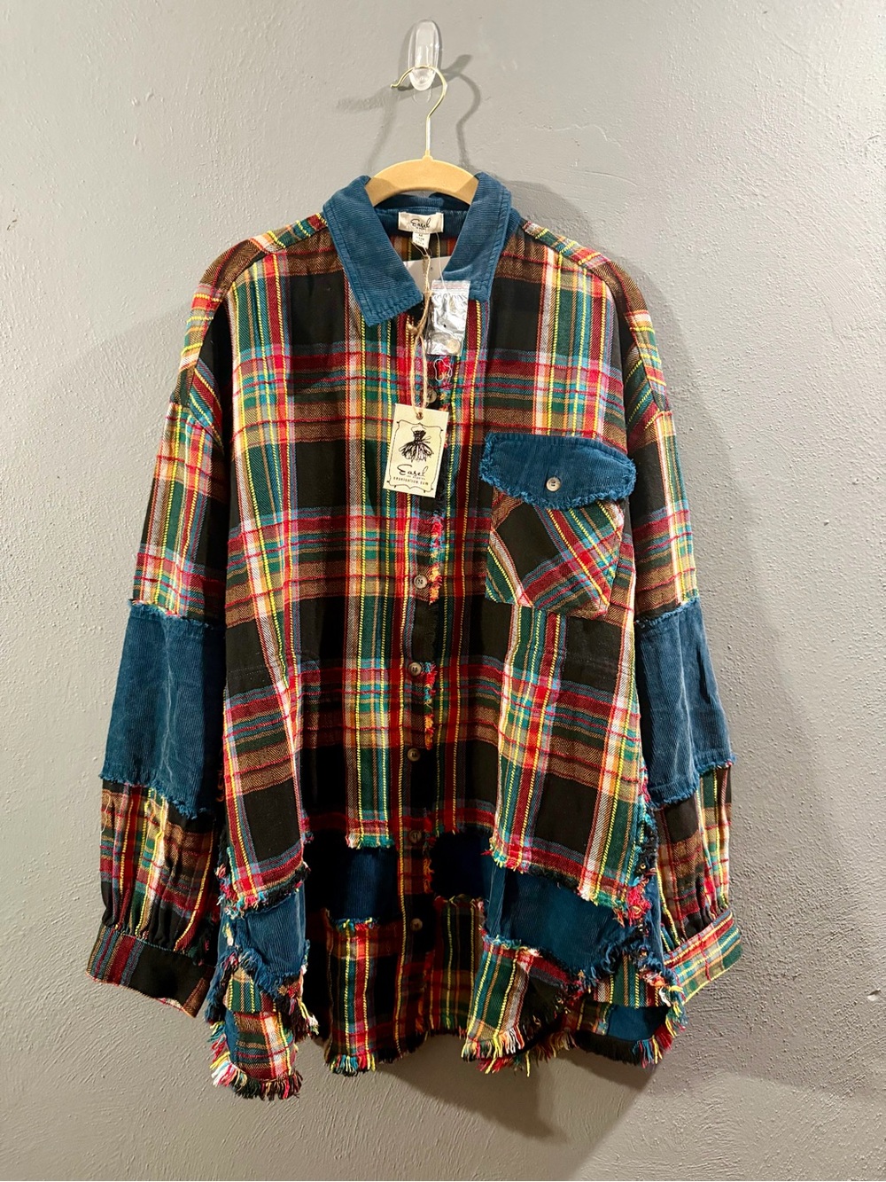 easel Multicolor Plaid Button-Down Shacket with Blue Corduroy Trim